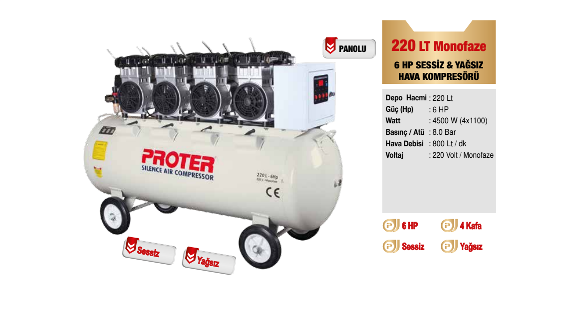 Proter 220 Lt 6 Hp Sessiz&Yağsız Hava Kompresörü
