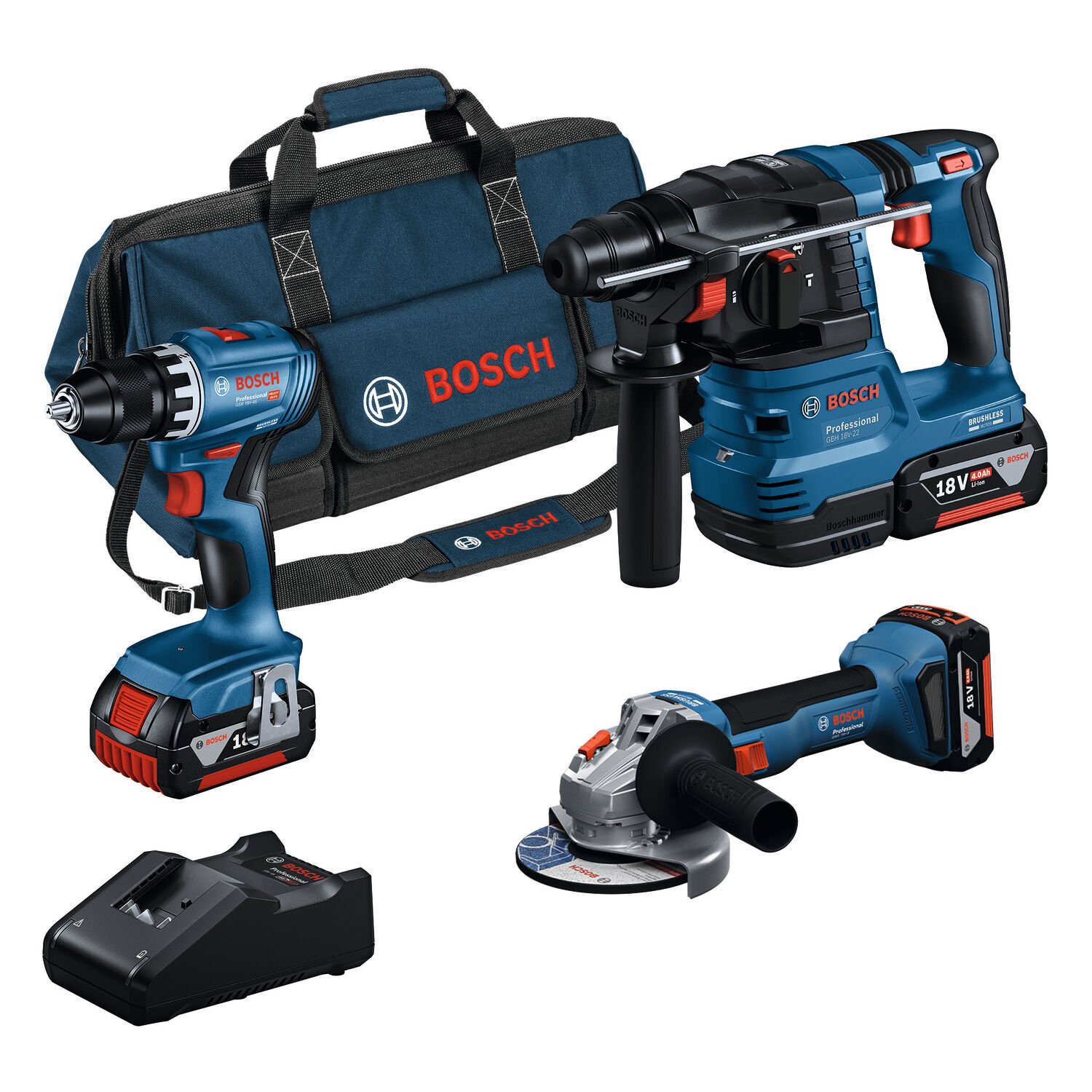 Bosch 18V Akülü Set GSR+GWS+GBH 3x 4.0Ah Akü + Şarj Aleti